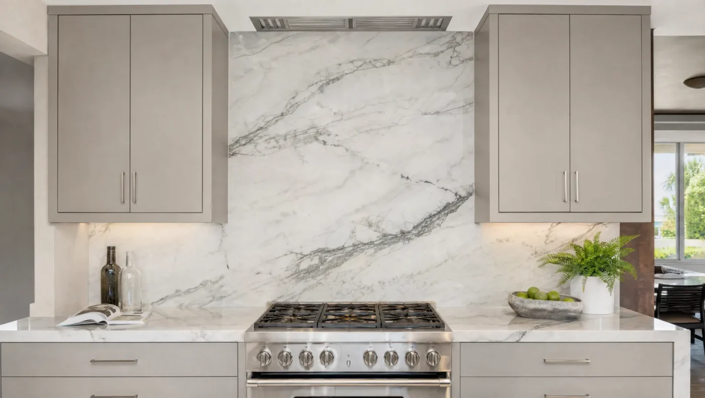 Quartzite slab backsplash running from the counter to the ceiling behind a stainless range, between flat-panel warm gray cabinets