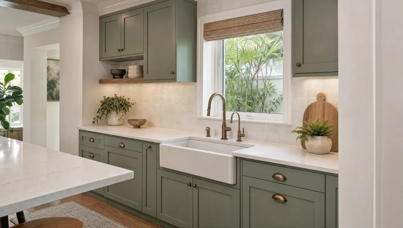 Sage green shaker kitchen cabinets with bronze cup pulls, a white quartz countertop, an apron-front sink and a cream tile backsplash