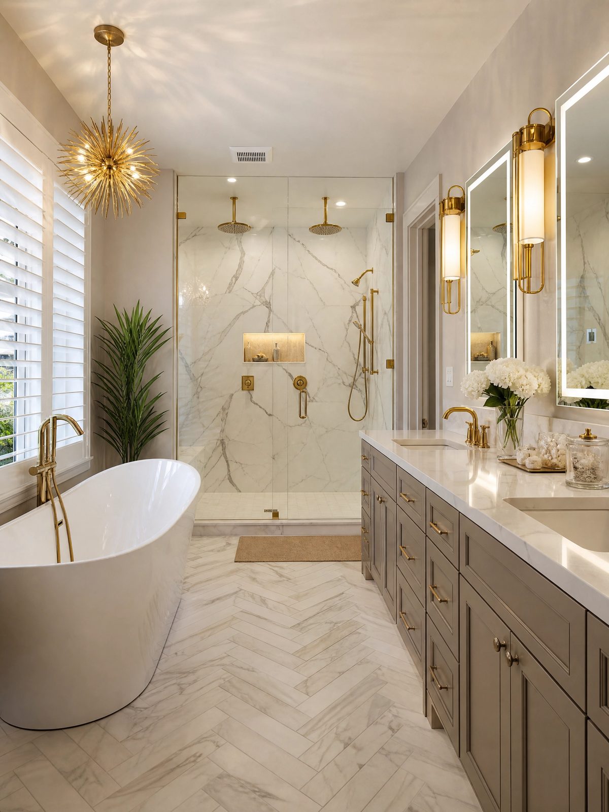 Master bathroom remodel in Lakewood Ranch with a freestanding tub, oversized walk in shower with dual rain heads, and double vanity