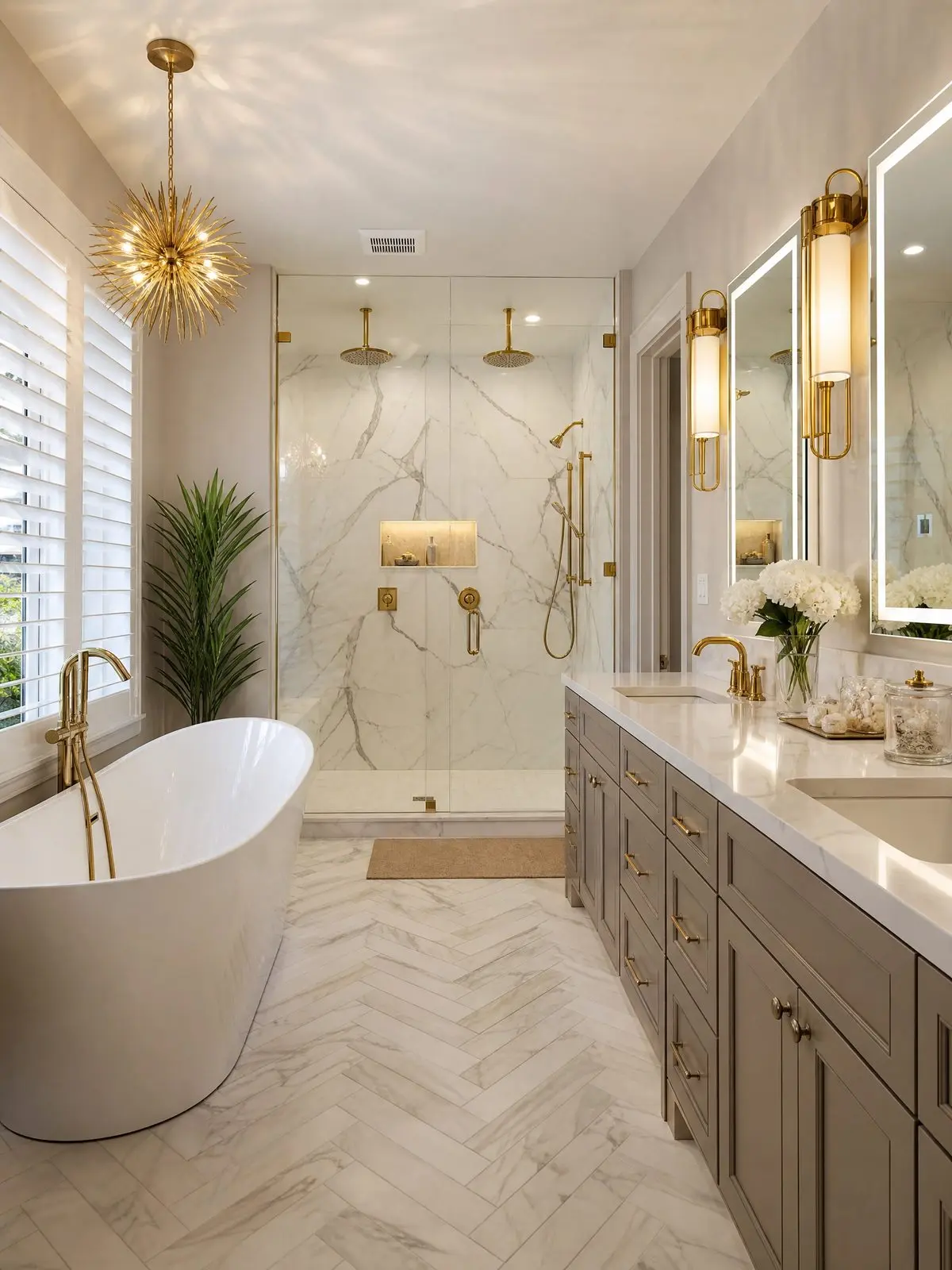 Master bathroom remodel in Lakewood Ranch with a freestanding tub, oversized walk in shower with dual rain heads, and double vanity