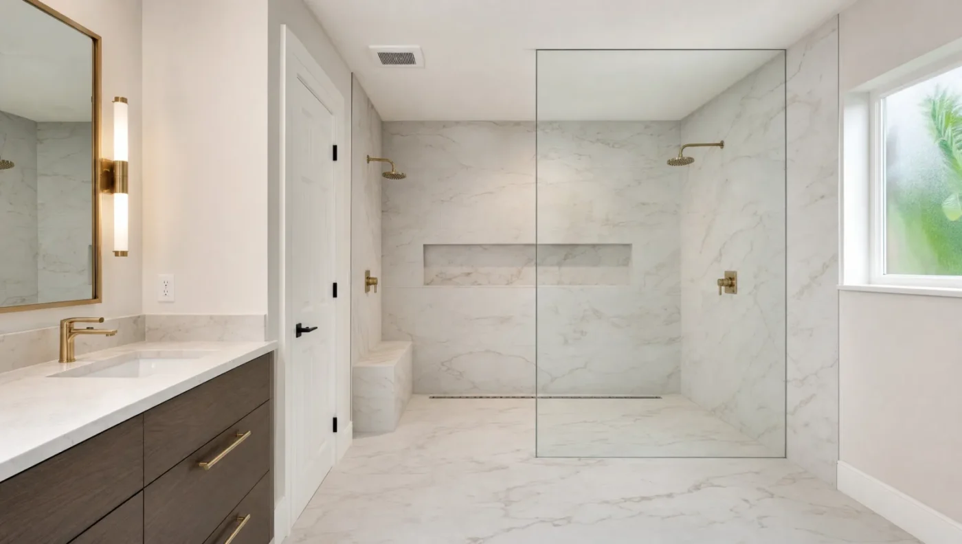 Large curbless master shower with marble-look large-format tile, a linear drain along the back wall, a tiled bench, and two showerheads