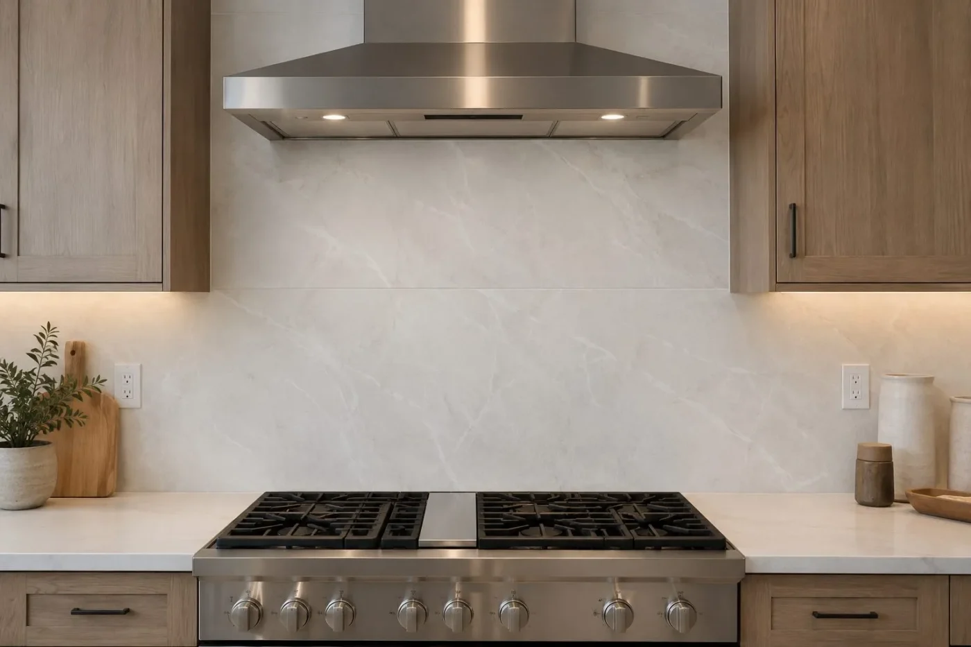 Large format marble look porcelain backsplash with minimal grout lines in a Clearwater kitchen remodel by CMK Construction