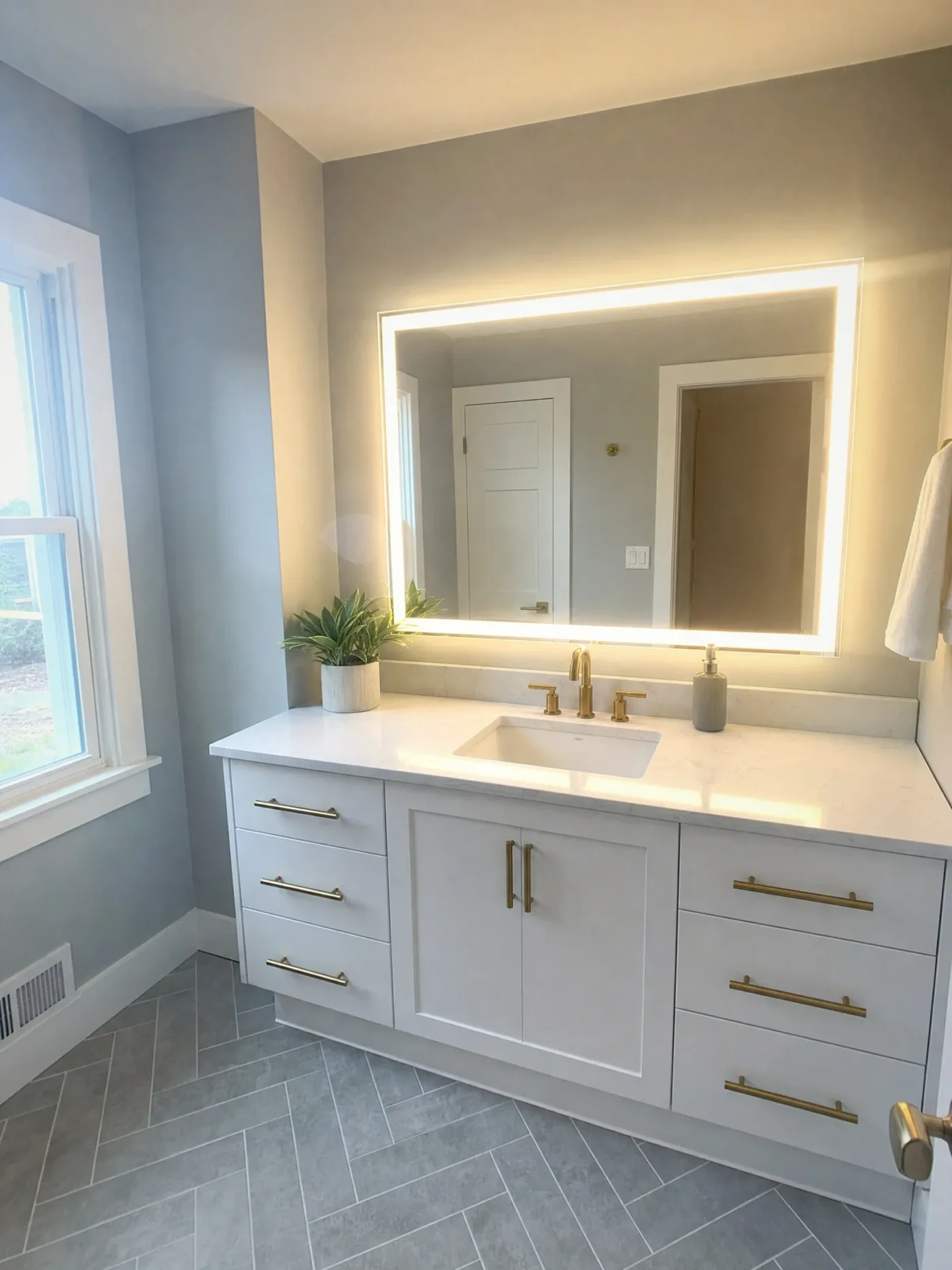 LED backlit bathroom mirror with warm halo glow above white shaker vanity with gold hardware in Tampa FL bathroom remodel by CMK Construction