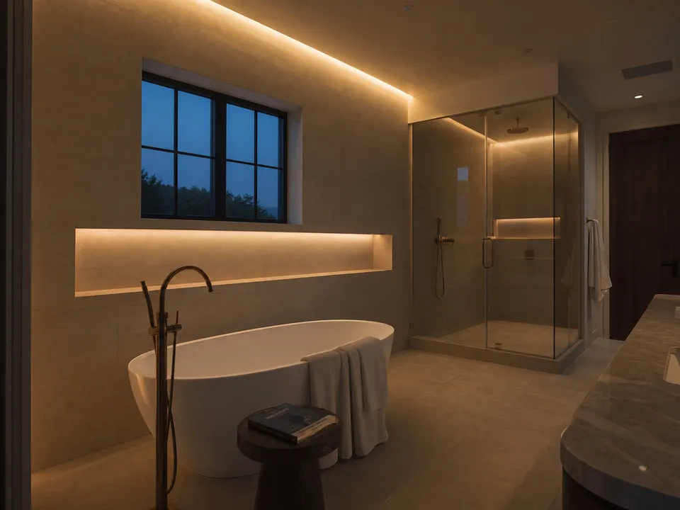 Warm LED cove lighting idea above a freestanding tub with a champagne bronze tub filler, a spa look for Largo bathrooms