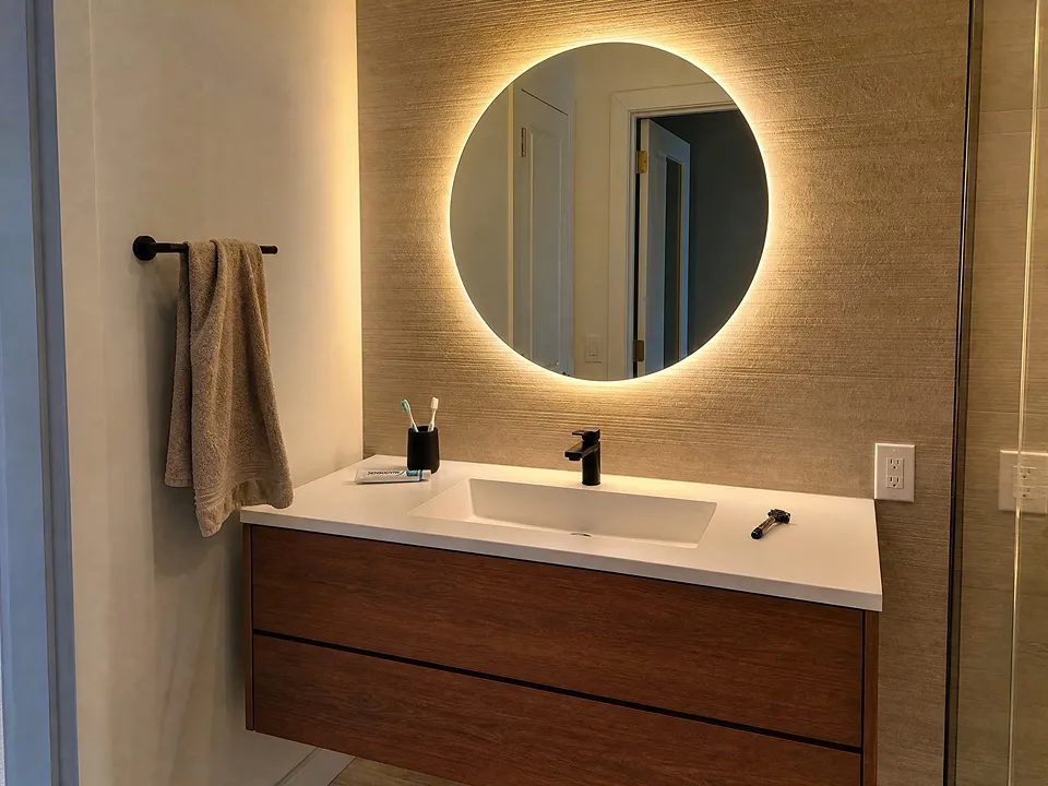 LED mirror lighting idea with a backlit halo glow over a floating walnut vanity, a favorite for St. Petersburg remodels