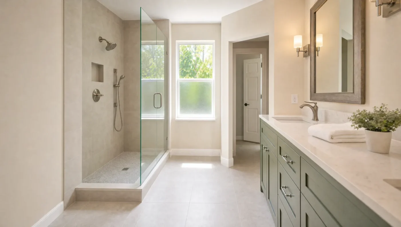 Completed permitted master bathroom remodel with a frameless glass shower, greige tile, and sage green double vanity, seen from the vanity end