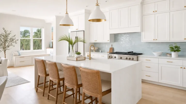 Kitchen island viewed from the dining area, featuring modern bar stools and pendant lighting.