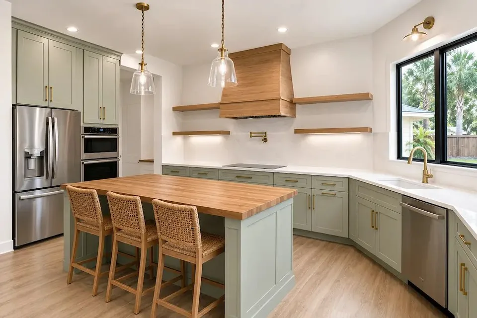 light sage green kitchen cabinets with butcher block island and white oak hood in a Palm Harbor remodel by CMK Construction