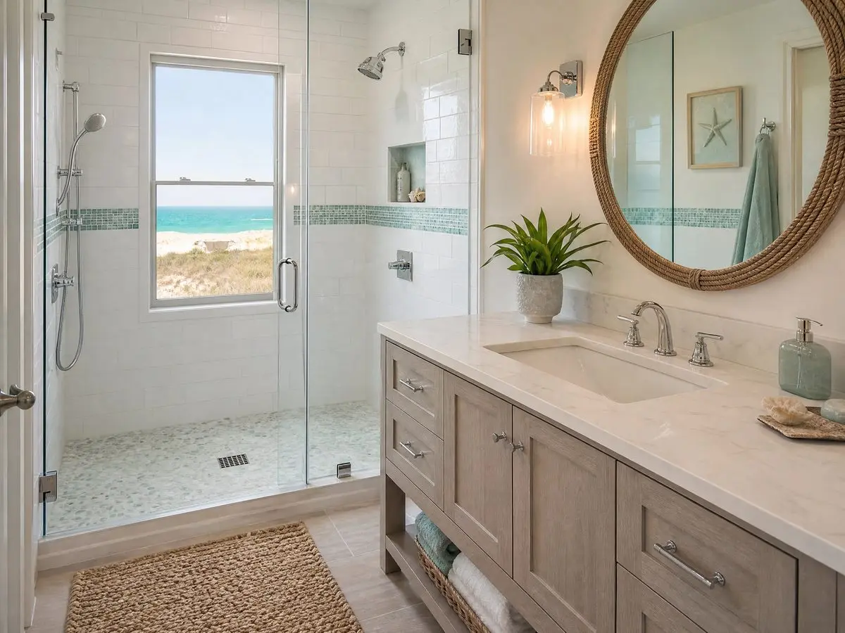 Coastal condo bathroom remodel on Longboat Key with a walk in shower, sea glass mosaic accent, pebble shower floor, and beach view