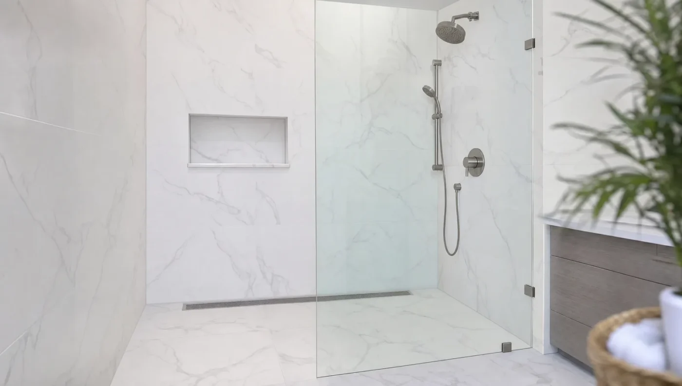 Low-maintenance shower with large-format marble-look porcelain walls, a linear drain and a fixed frameless glass panel