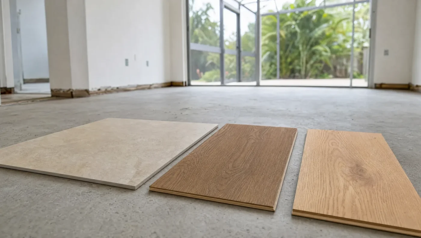 Porcelain tile, wood-look luxury vinyl plank and engineered white oak flooring samples laid side by side on a bare concrete slab in a Florida home during a remodel, with a screened lanai in the background