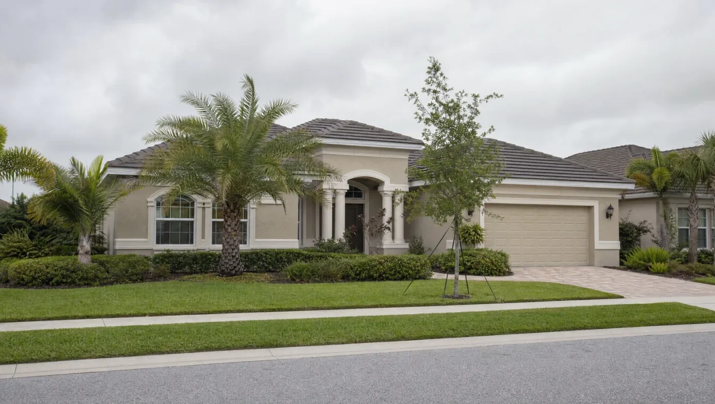 Early-2000s greige stucco home with a columned entry and paver driveway in a Lakewood Ranch neighborhood in Manatee County