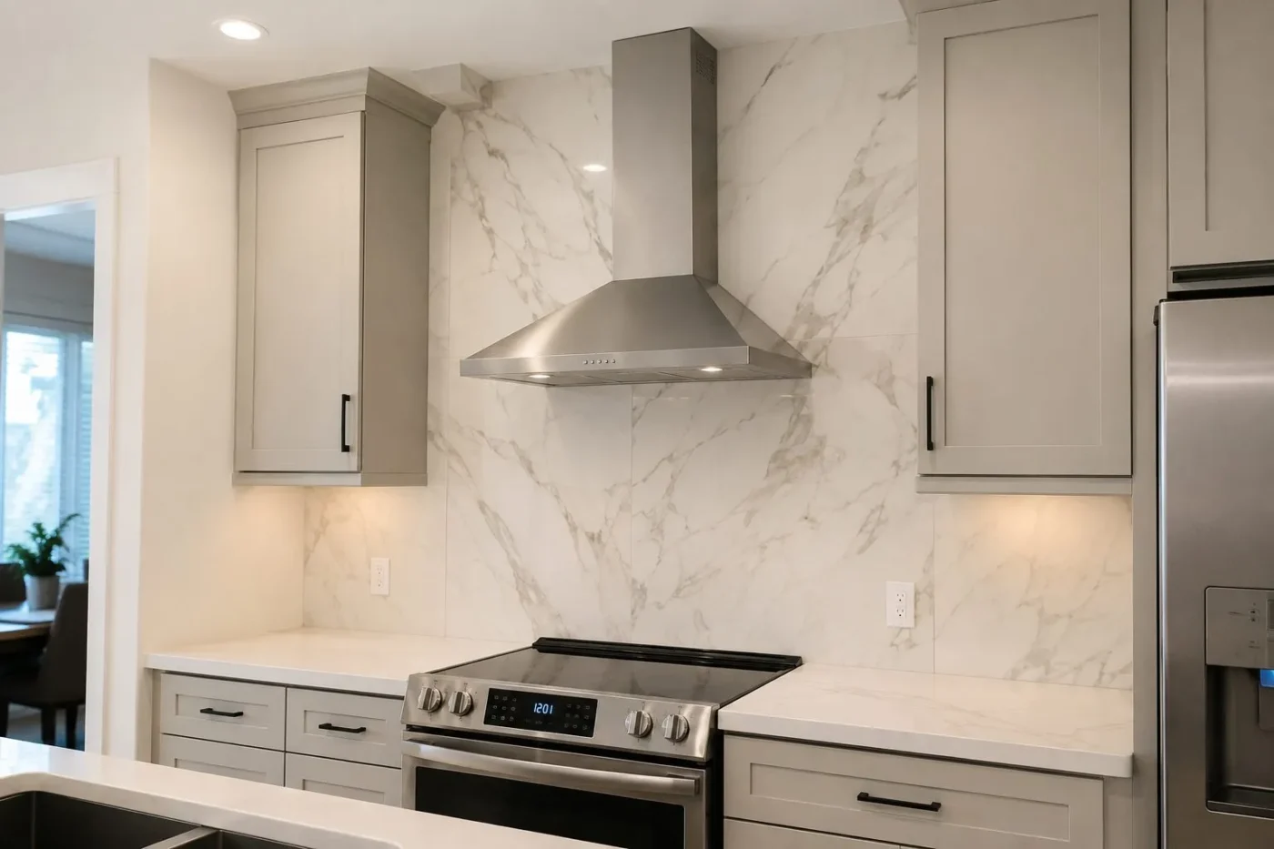 Marble look porcelain backsplash running from countertop to ceiling in a St. Petersburg kitchen remodel by CMK Construction
