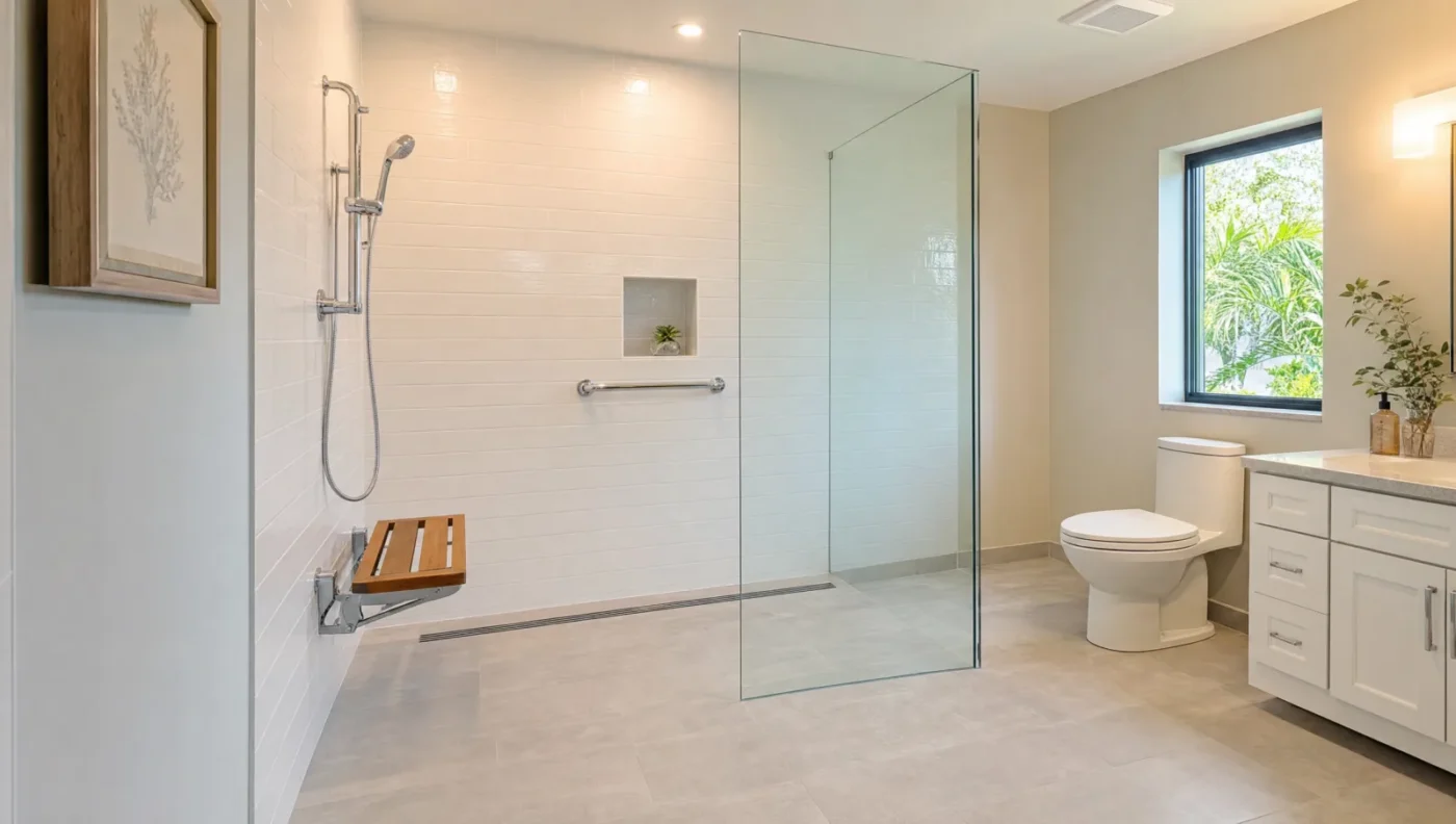 Curbless walk-in shower for aging in place with a continuous porcelain floor, a linear drain, a fold-down teak seat, a handheld shower on a slide bar, a grab bar, a recessed niche, and one fixed glass panel