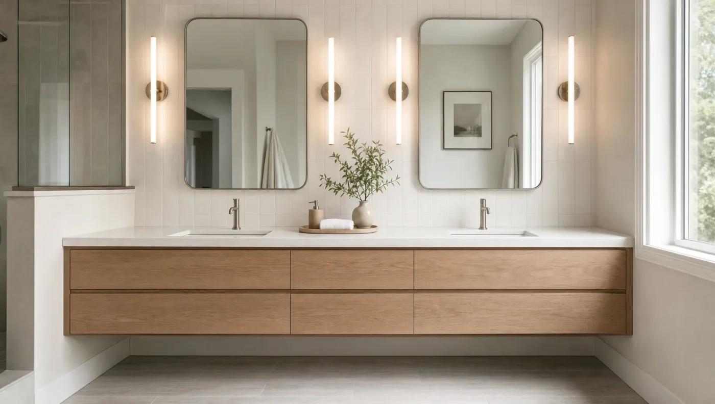 Floating white oak double vanity with a white quartz top, two widely spaced undermount sinks, two separate mirrors, and a slim LED sconce on each side of each mirror