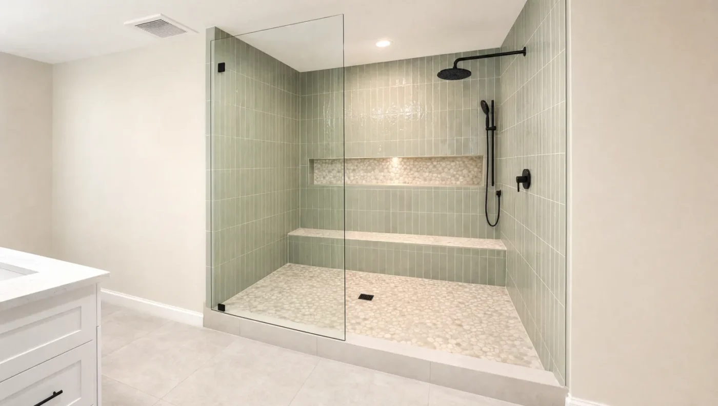 Oversized walk-in shower built where a corner garden tub used to be, with sage green vertical tile, a full-width tiled bench, a pebble floor, a long lit niche, and matte black fixtures behind one fixed glass panel