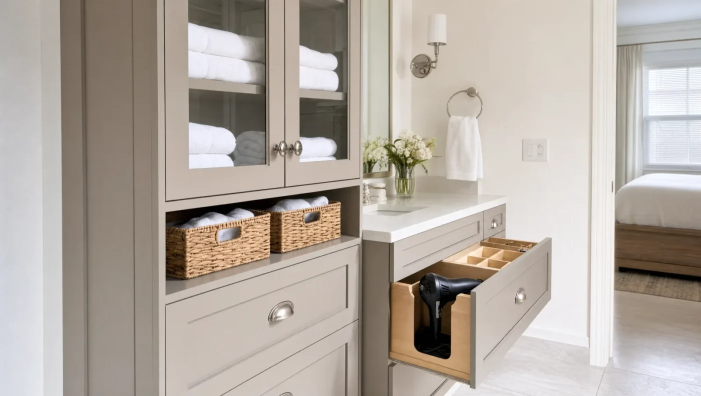 Floor-to-ceiling greige linen tower with glass-front upper doors holding white towels, woven baskets, and deep drawers beside a vanity drawer pulled open to show a built-in hair dryer holder