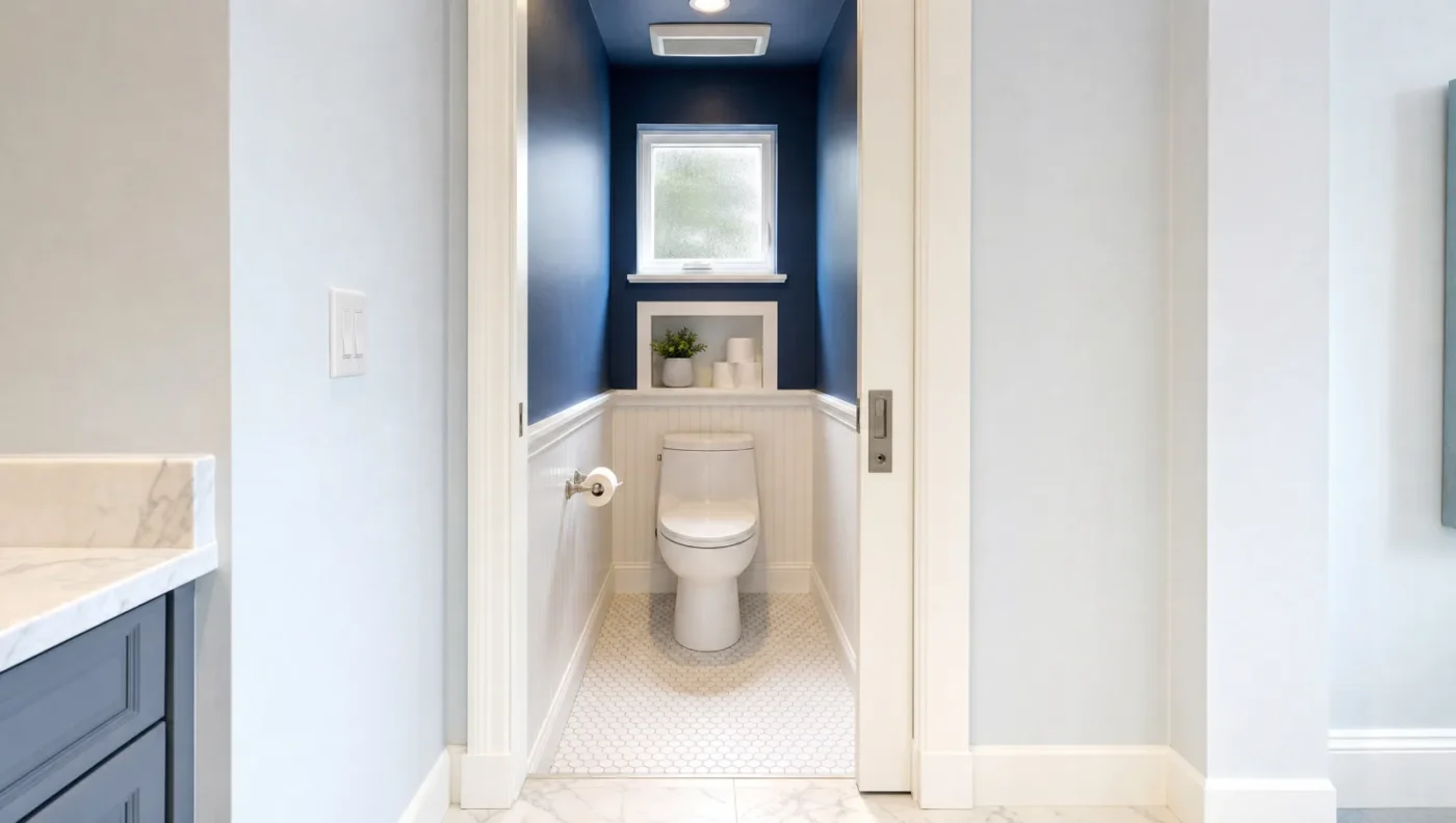 Private toilet room in a master bathroom seen through an open pocket door, with a comfort-height toilet, clear space on both sides, a recessed niche, navy walls over white beadboard, a frosted window, and its own exhaust fan