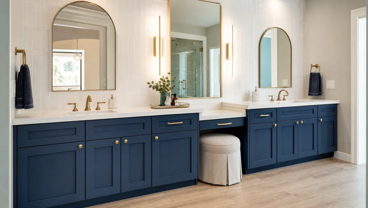 Navy shaker master bathroom vanity with a sink at each end and a lowered seated makeup station with knee space and an upholstered stool, under brass-framed mirrors and brass sconces