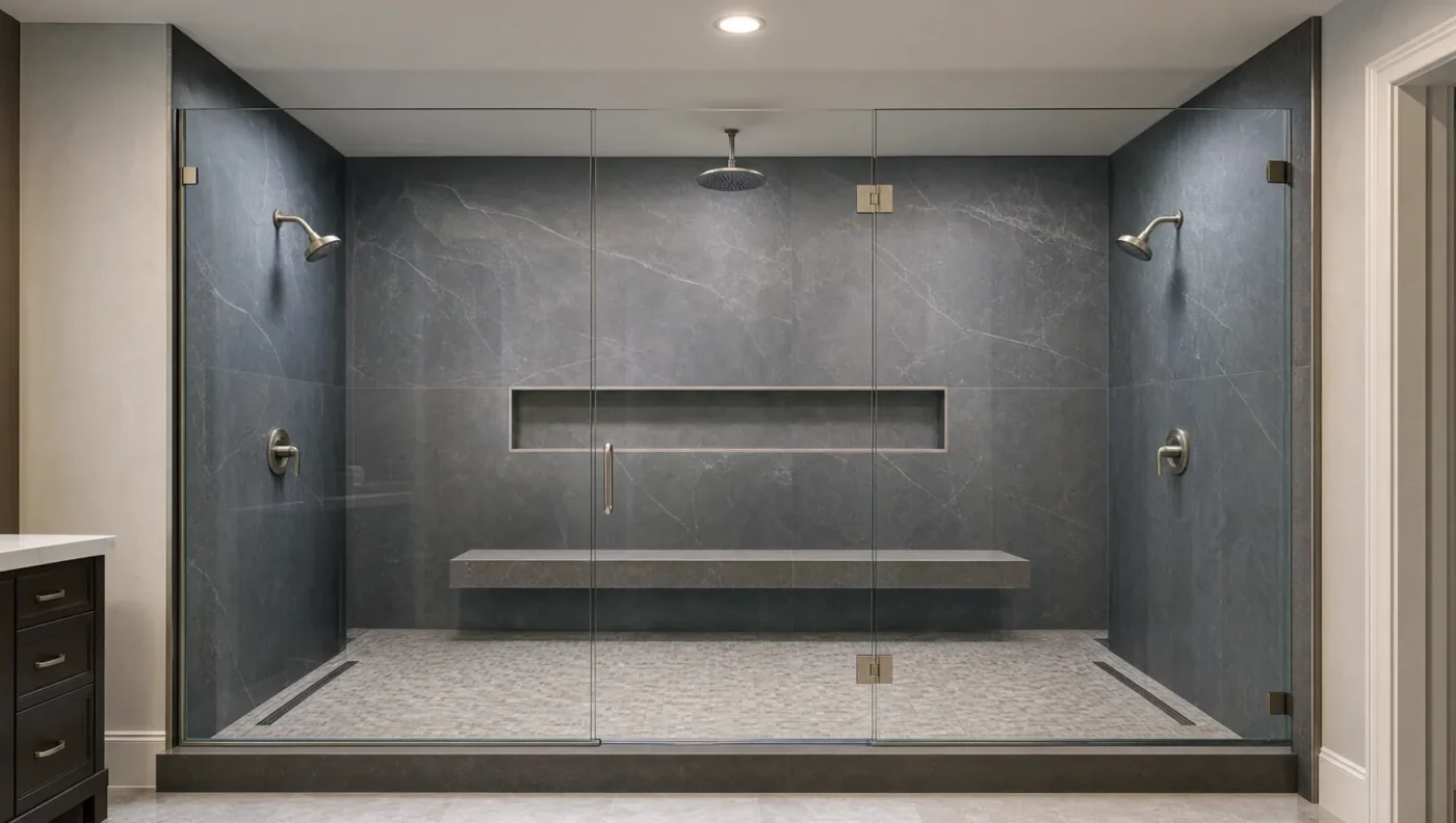 Shower for two with charcoal stone-look porcelain slab walls, a shower head and valve on each side wall, a ceiling rain head, a long floating bench, a long niche, and two linear drains behind frameless glass
