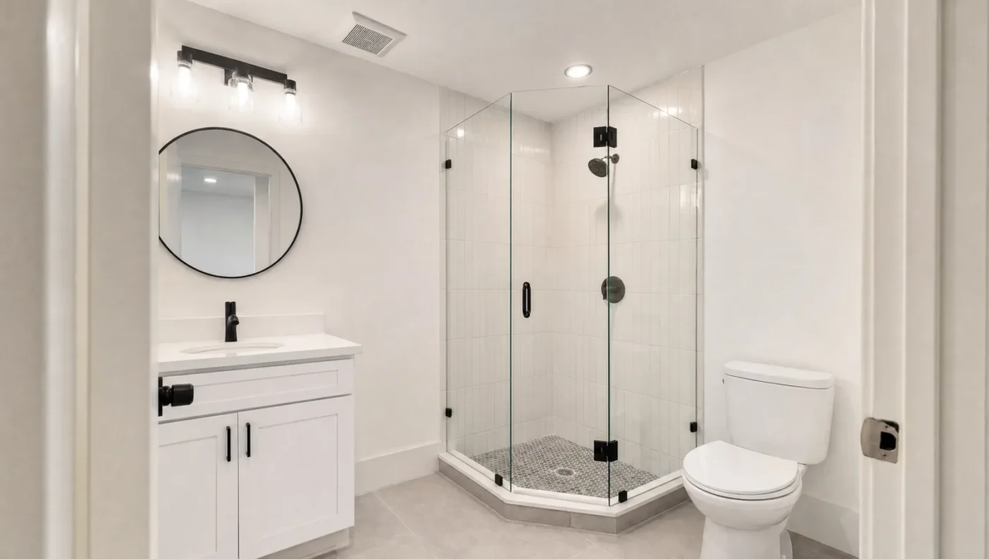 Compact hall bathroom with a small glass corner shower, white vanity, and toilet, the kind of layout that sits close to the code minimum shower size
