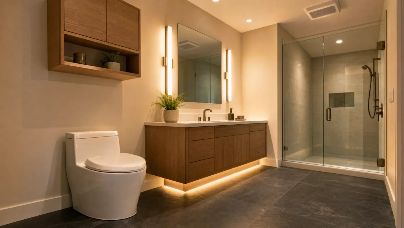 Modern bathroom lighting with vertical sconces beside the mirror, under-vanity LED lighting, recessed ceiling lights, an exhaust fan and a comfort-height toilet