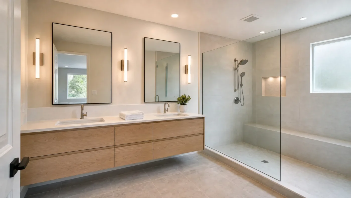 Modern primary bathroom remodel in a Tampa Bay home with a white oak floating double vanity, vertical sconces and a walk-in shower with a frameless glass panel and bench