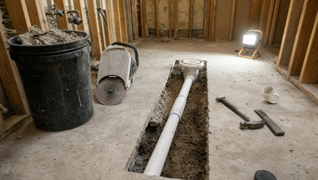 moving plumbing on slab foundation bathroom remodel concrete cut drain
