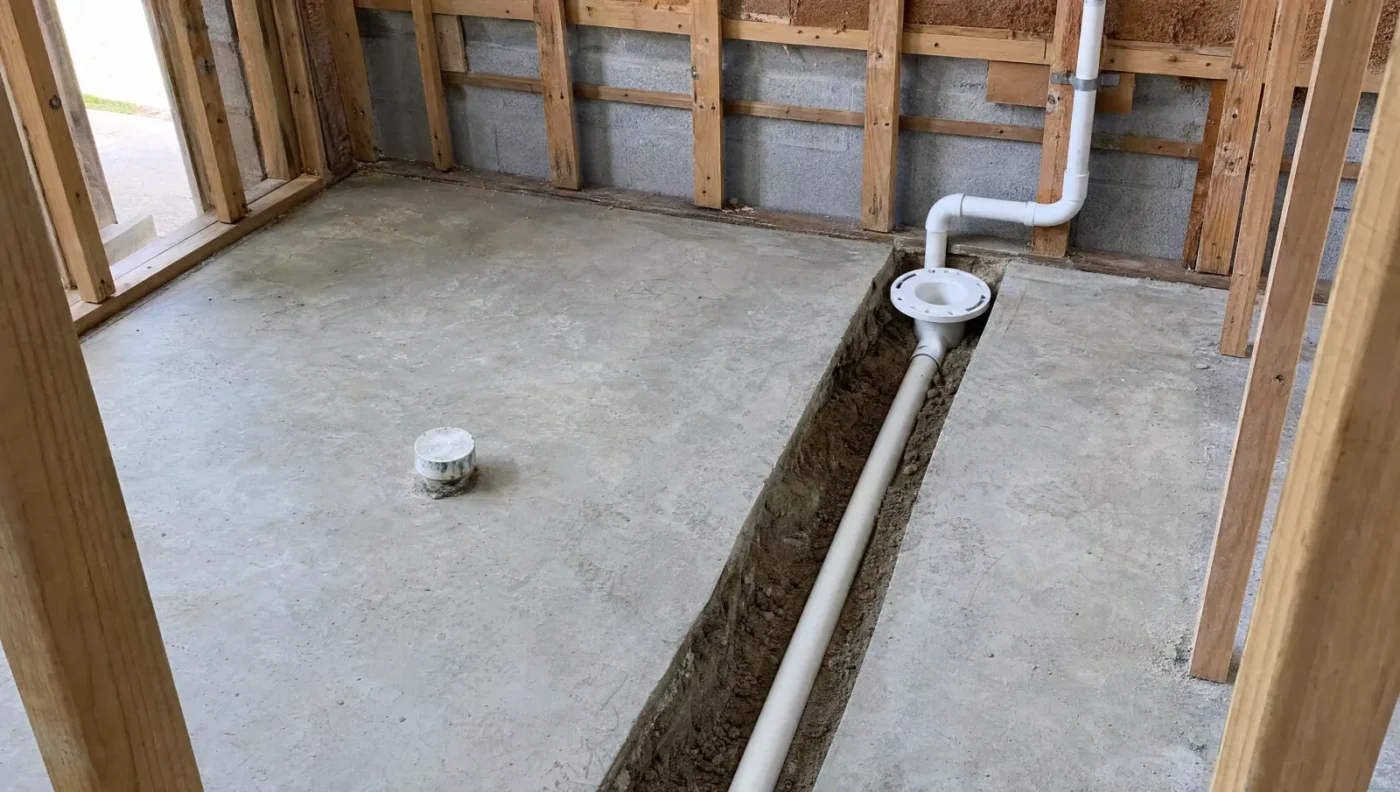 Toilet relocation on a concrete slab, with a saw-cut trench holding a new PVC drain that runs to a new toilet flange, a vent pipe rising into the stud wall and the old drain capped