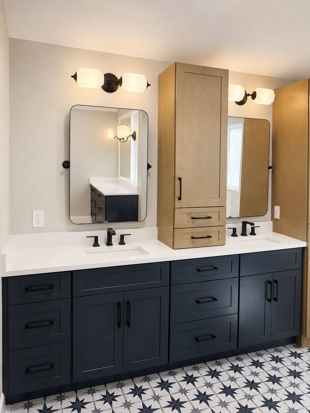 Navy double vanity with white oak countertop storage tower and quartz tops in a Tampa bathroom remodel