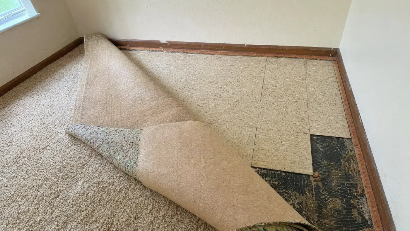 Old carpet rolled back in an older Florida home, exposing 9-by-9-inch vinyl floor tiles and black adhesive that should be tested for asbestos before removal