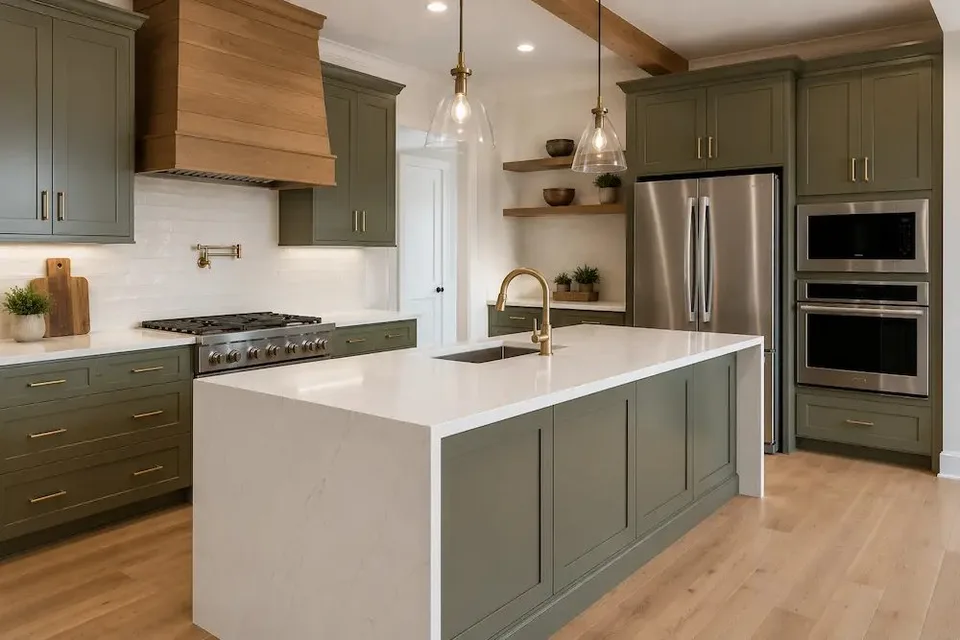 olive green kitchen cabinets with wood range hood and white quartz waterfall island in a Tarpon Springs remodel by CMK Construction