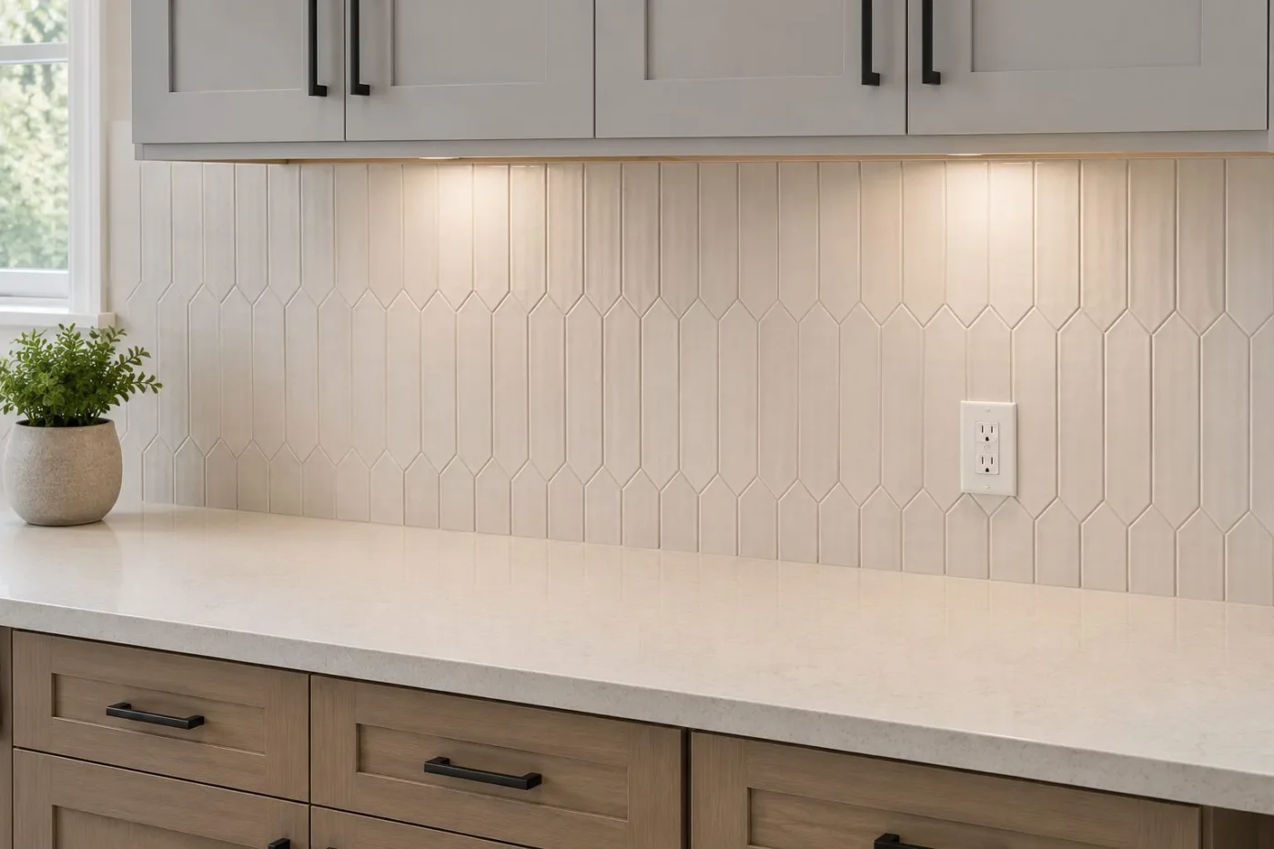 Cream picket tile backsplash set vertically in a Westchase kitchen remodel by CMK Construction