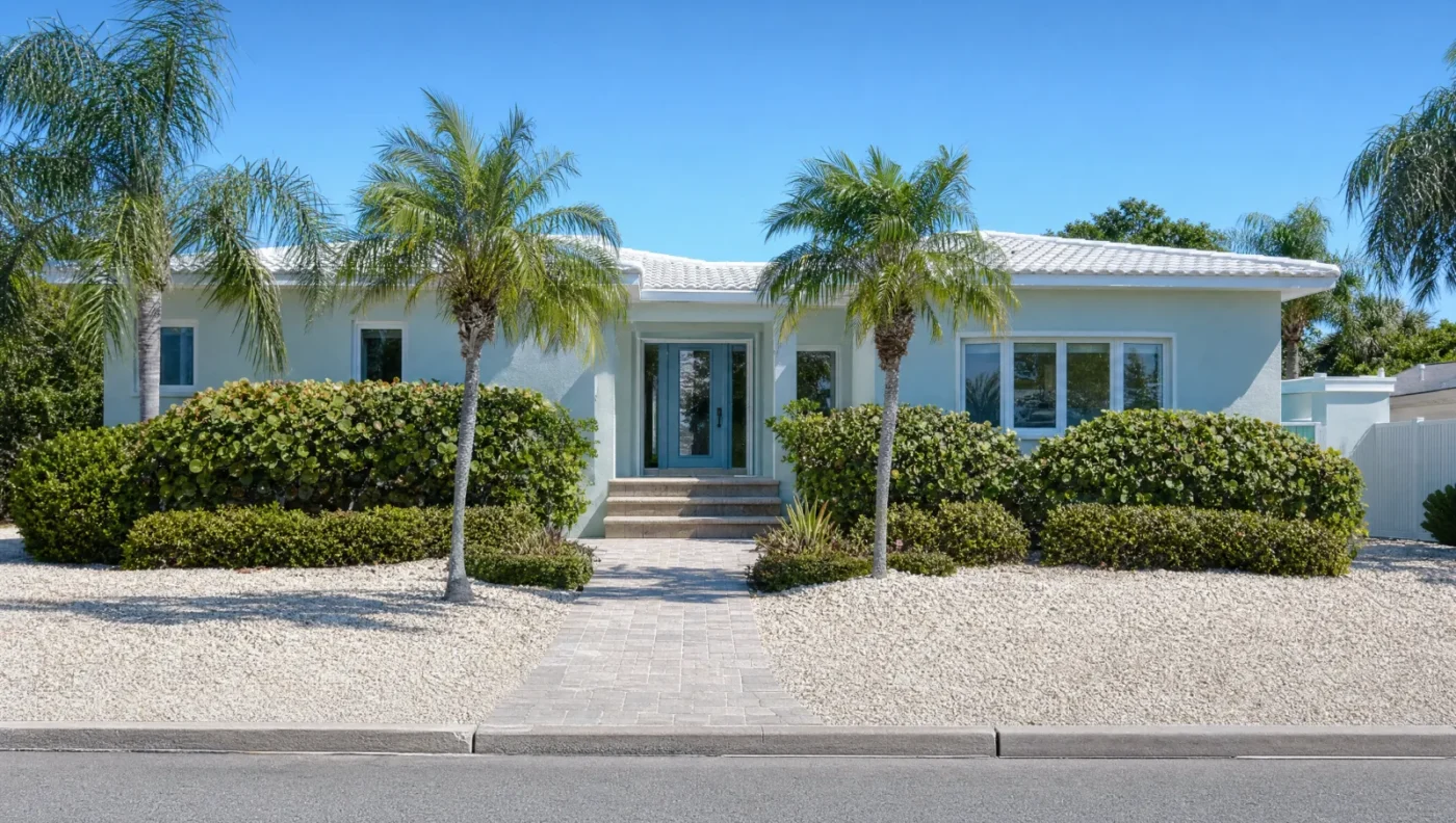Coastal 1990s ranch home with a raised entry, sea grape hedges, and shell landscaping in a Pinellas County beach town