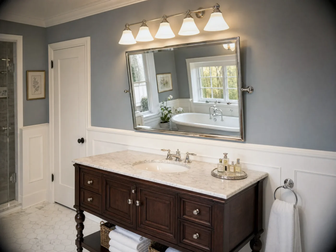 Polished chrome pivot mirror with vanity light bar above dark walnut traditional vanity with marble countertop in Largo FL bathroom by CMK Construction