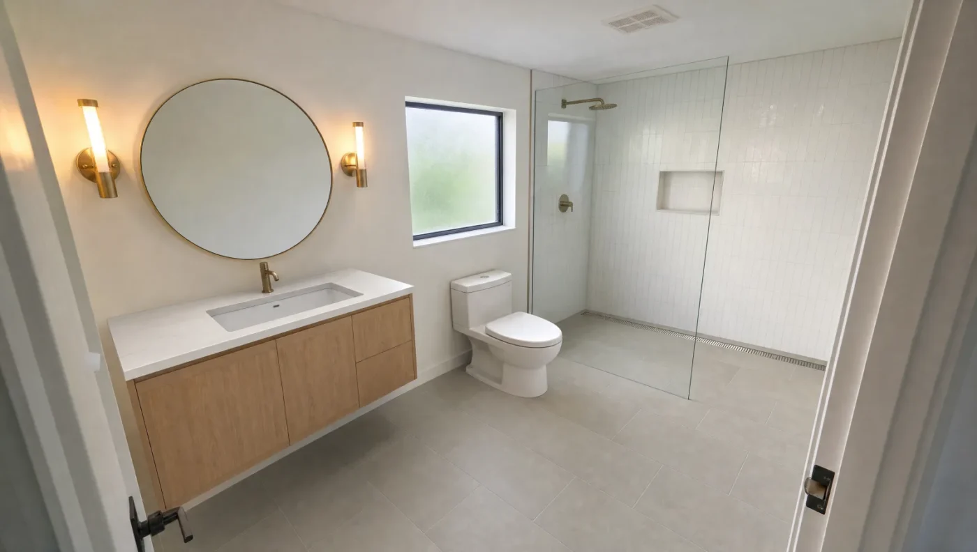 Remodeled Florida guest bathroom with large gray porcelain floor tile running into a curbless walk-in shower with a linear drain, a white oak floating vanity, a round mirror and brass sconces