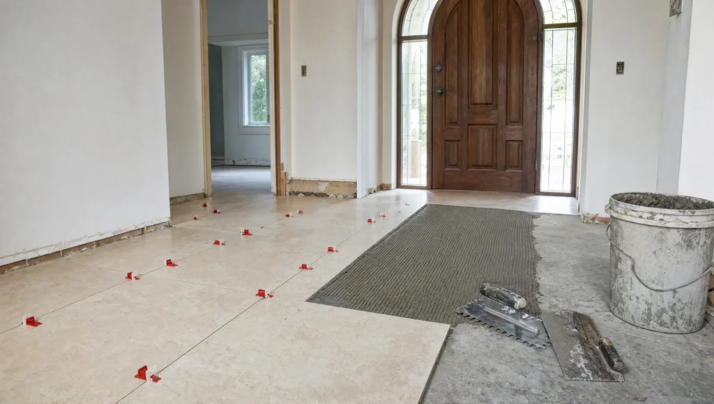 Large ivory porcelain tiles being set in freshly troweled thinset mortar on a concrete slab in the entry foyer of a 1990s Florida home, with leveling clips, a notched trowel and a mortar bucket