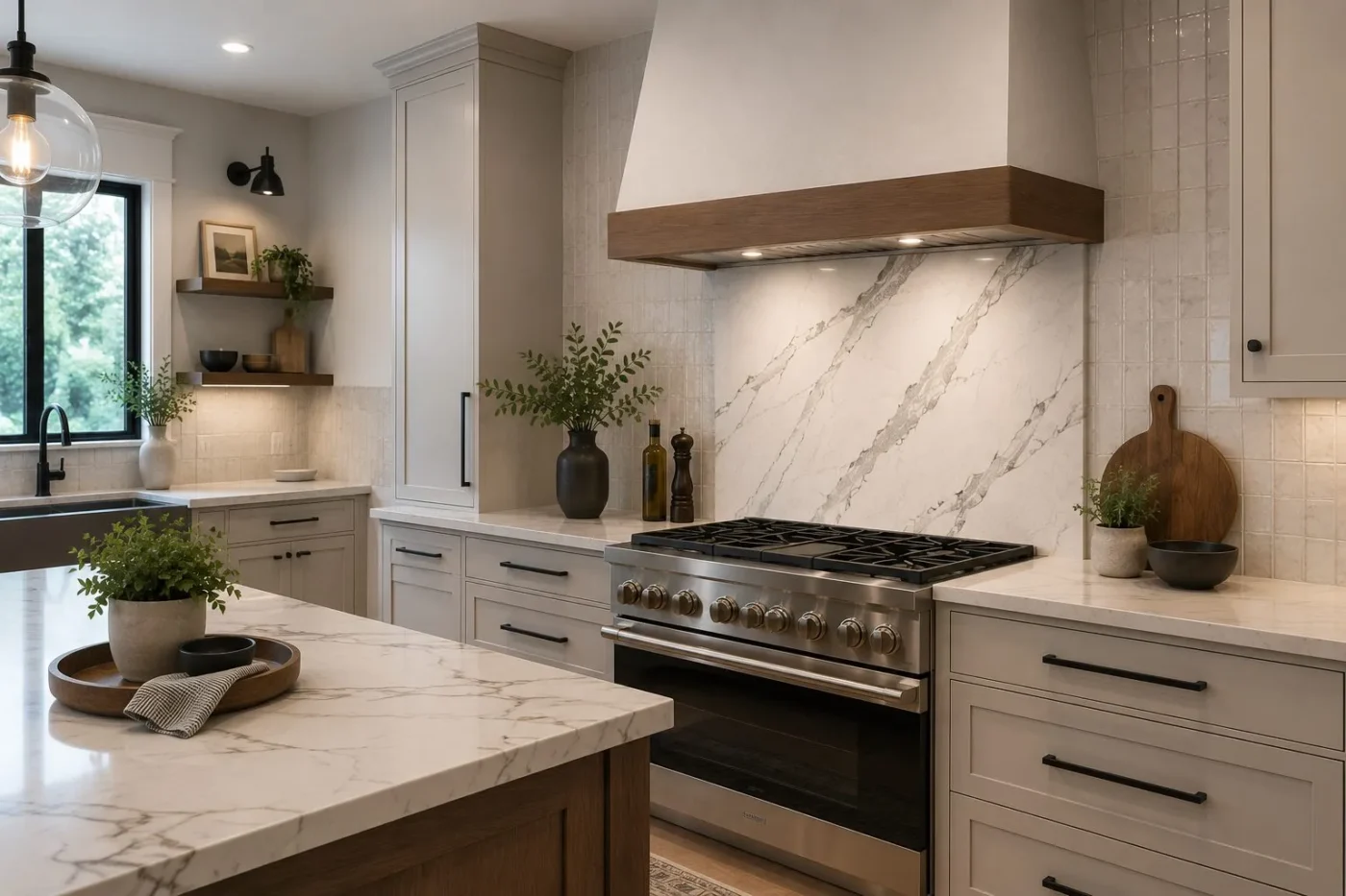 Quartz slab backsplash behind the range with vertical stacked tile on surrounding walls in a Wesley Chapel kitchen remodel by CMK Construction