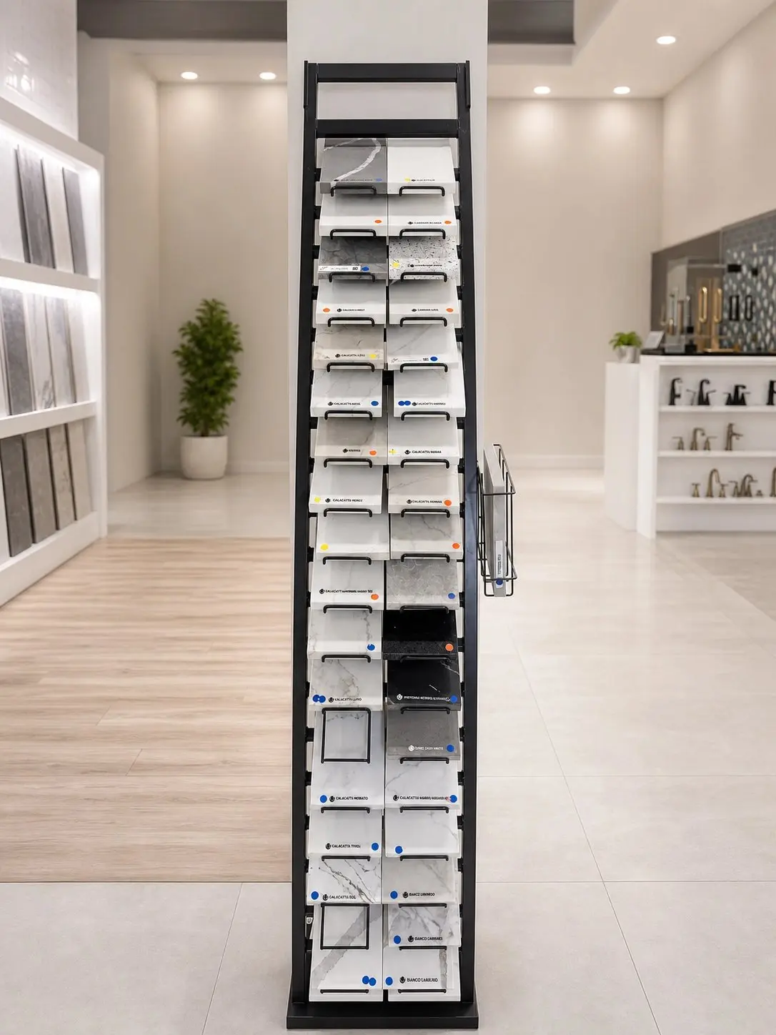Quartz slab selection tower at the CMK Design Studio showroom in Tampa, with faucet displays in the background