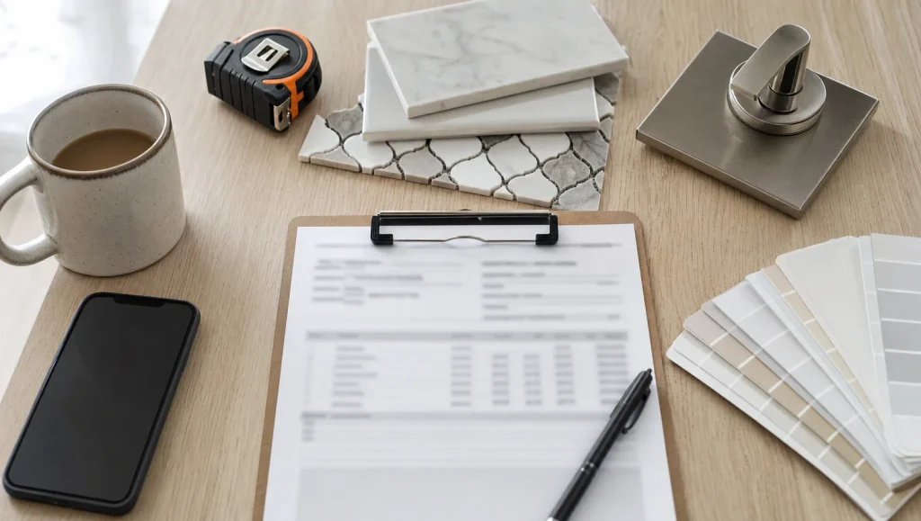 Bathroom remodeling estimate on a clipboard beside tile samples, a tape measure, and paint chips on a kitchen table