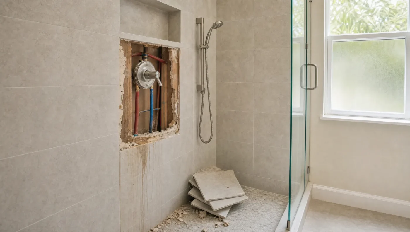 New shower tile cut open to expose the valve and supply lines after unpermitted work, with water staining on the drywall and removed tiles stacked on the floor