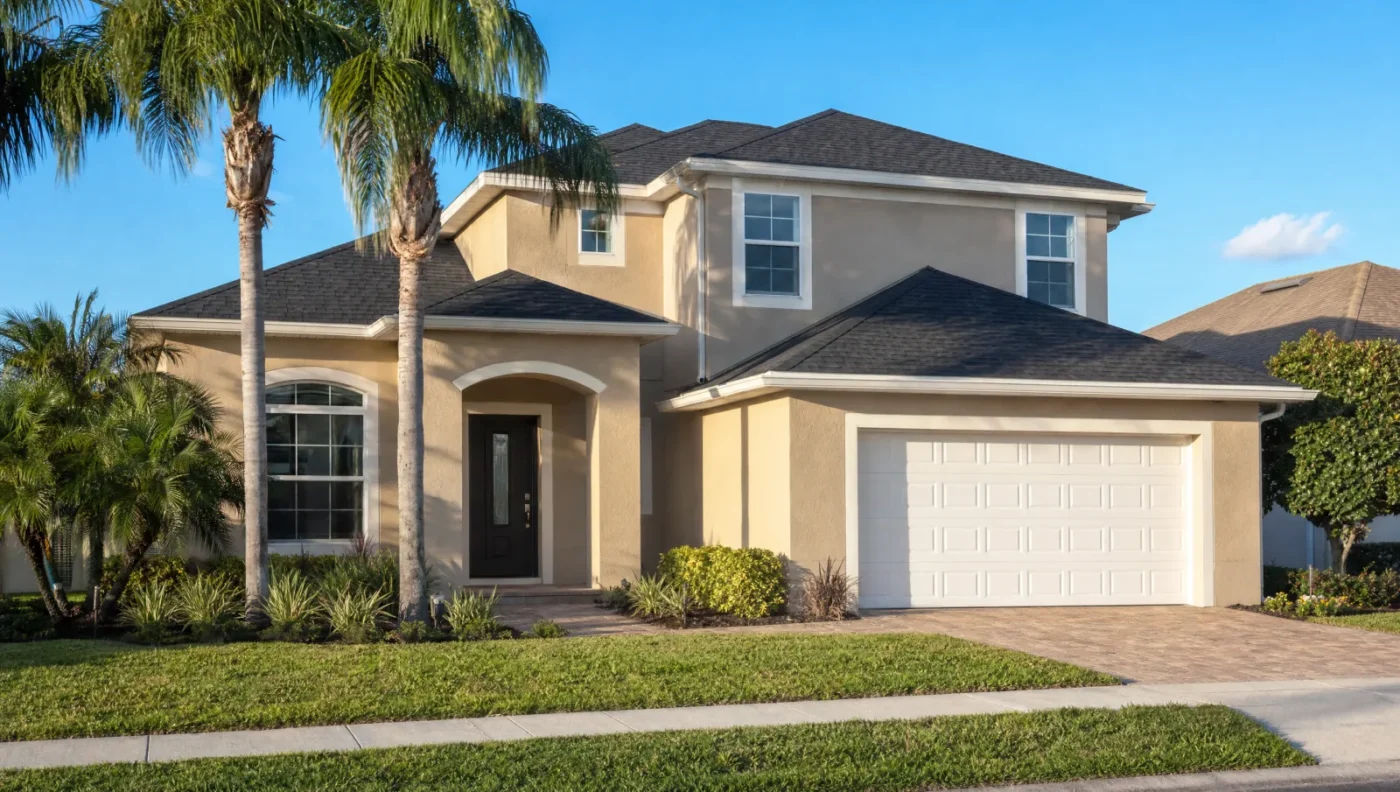Two-story 1990s Florida stucco home after an exterior upgrade with a new charcoal architectural shingle roof, a new white garage door and a new black steel entry door