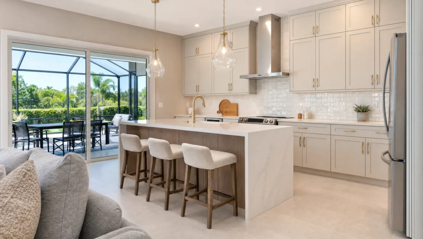 Remodeled kitchen in a 2000s Lakewood Ranch home with greige shaker cabinets to the ceiling, a white oak island with a quartz waterfall top and a screened lanai beyond the sliding doors