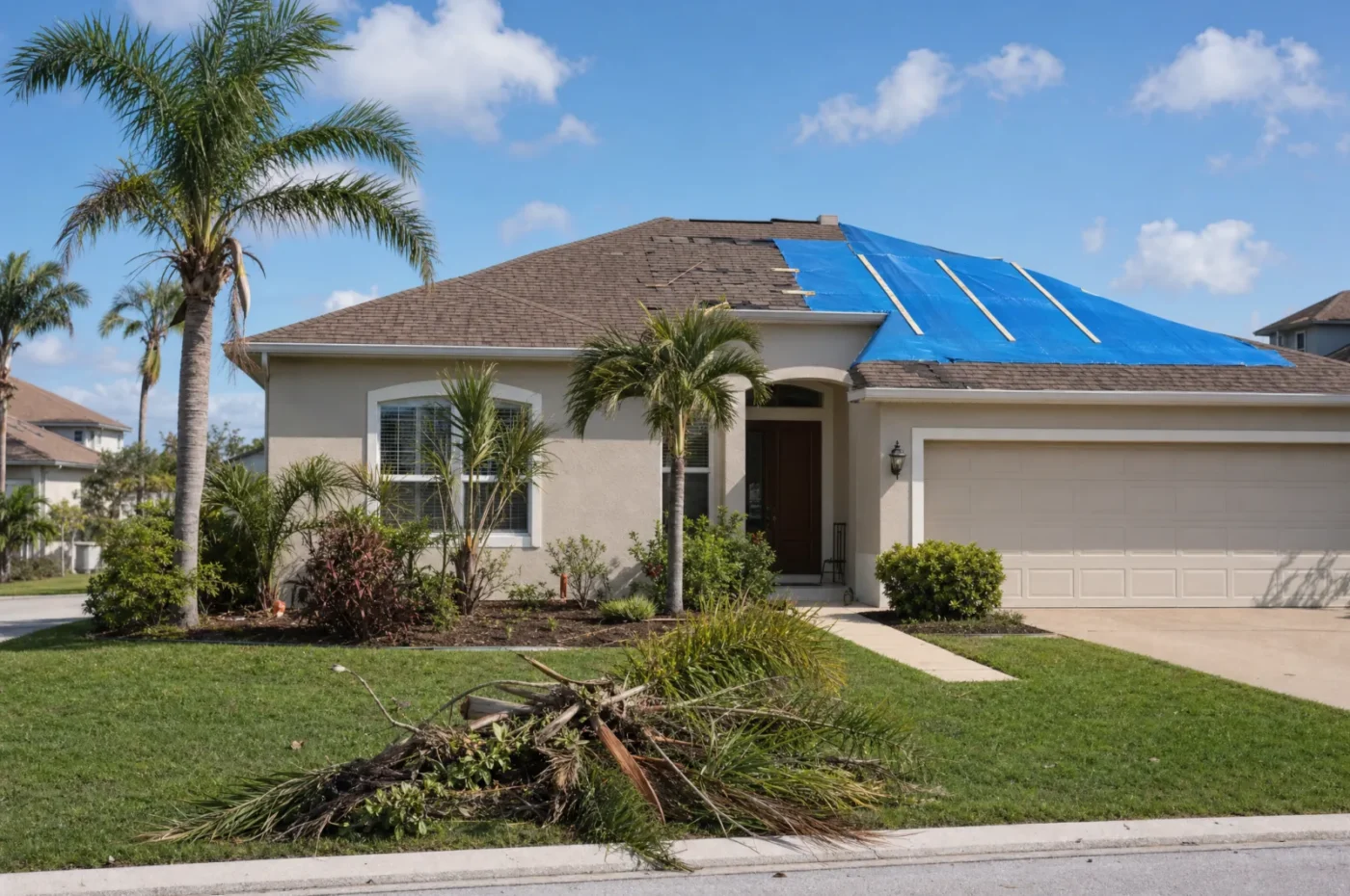 Florida home with a section of storm-damaged roof tarped over during restoration by CMK Construction