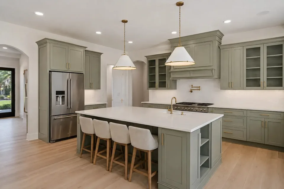 sage green kitchen cabinets with brass hardware and white quartz countertops in a Tampa remodel by CMK Construction