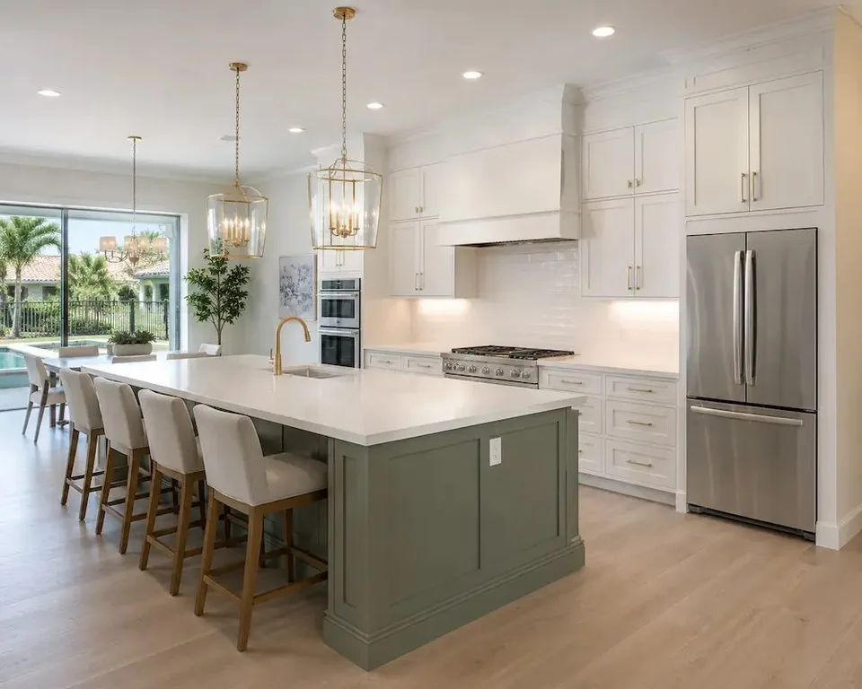 sage green kitchen island with white perimeter cabinets in a Sarasota remodel by CMK Construction