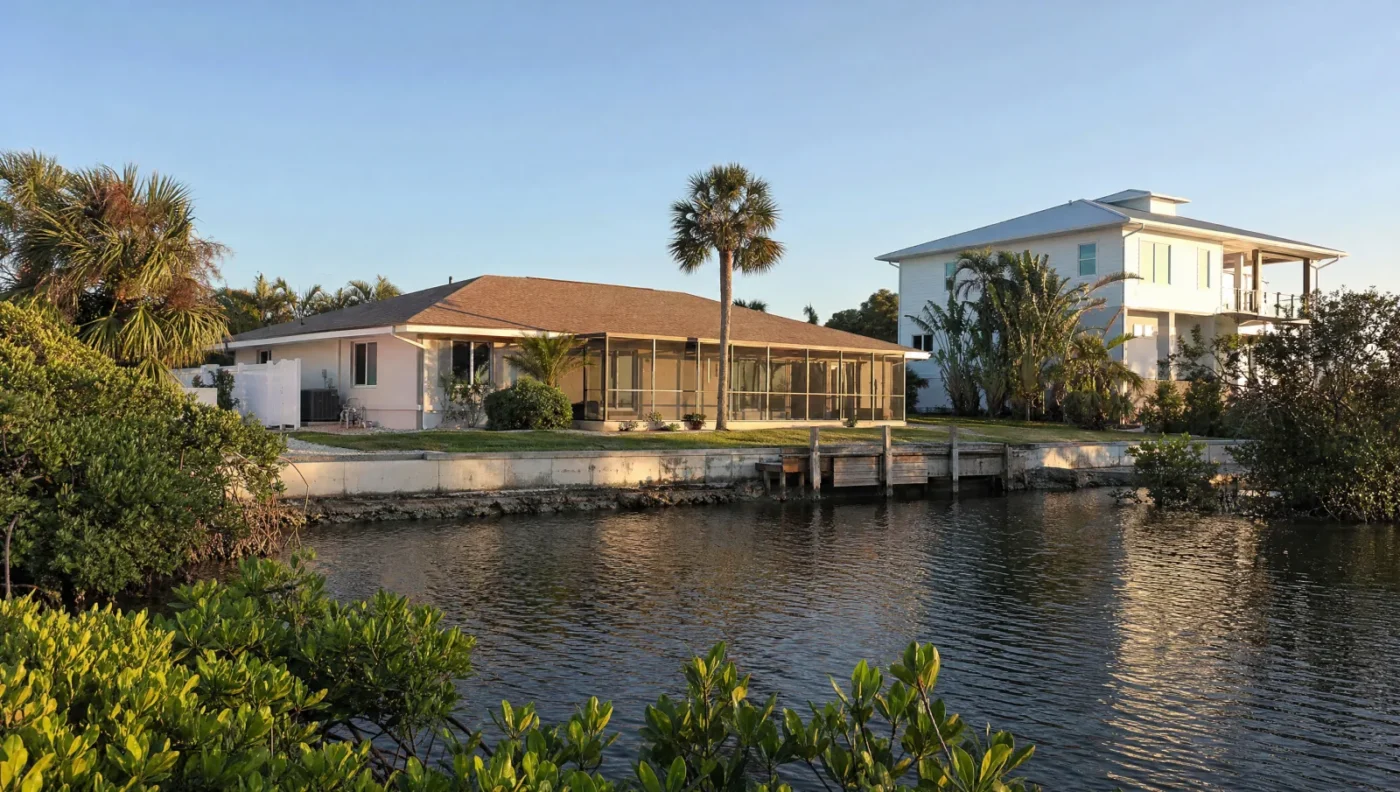 Ground-level 1980s ranch home on a Sarasota-area canal with a seawall and dock, next to a newer home raised to meet flood rules