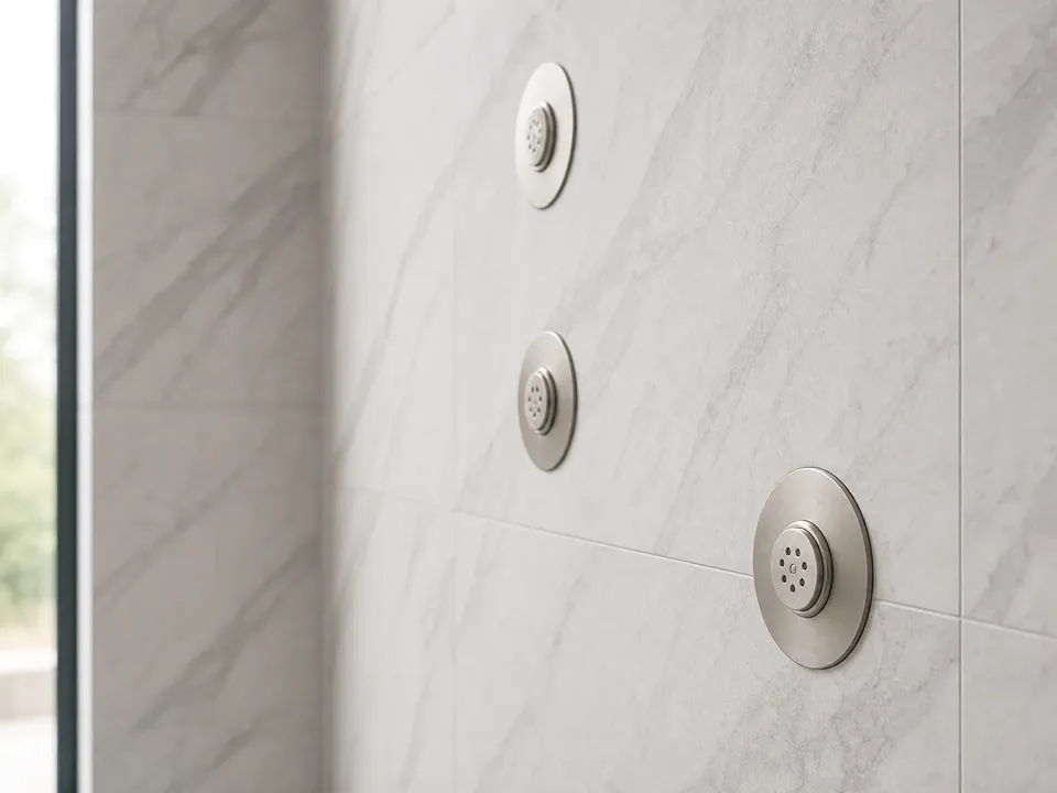 Three flush-mounted brushed nickel body spray jets set into marble-look tile in a Palm Harbor shower remodel by CMK Construction