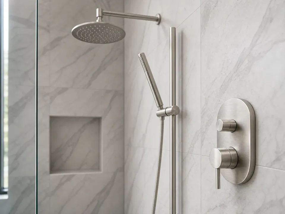 Brushed nickel and stainless shower fixtures with frameless glass in a Palm Harbor bathroom remodel by CMK Construction