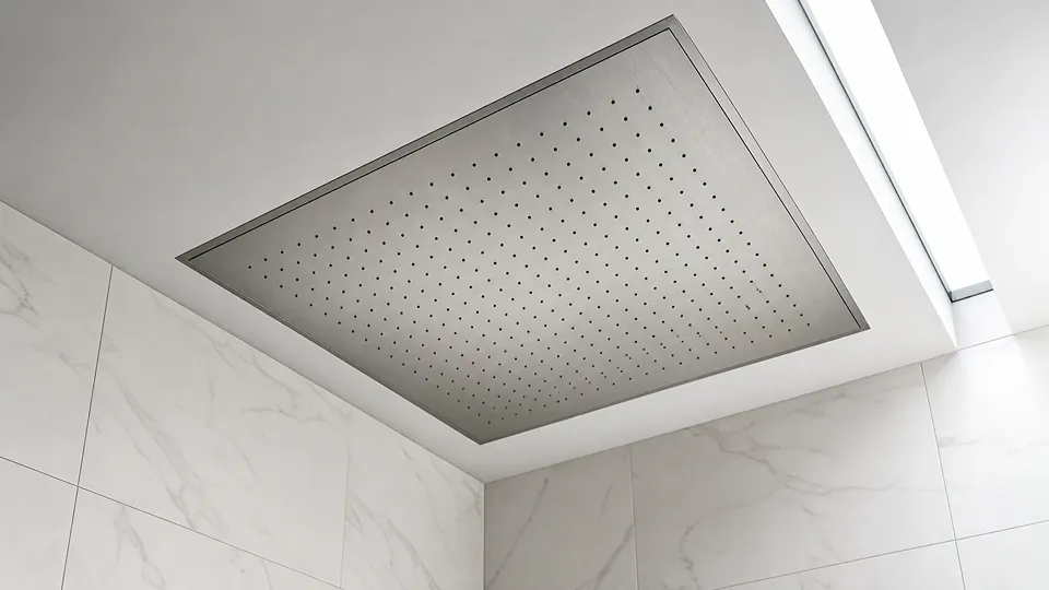 Large flush-mounted brushed stainless ceiling rain shower panel viewed from below in a luxury Tampa Bay bathroom remodel by CMK Construction